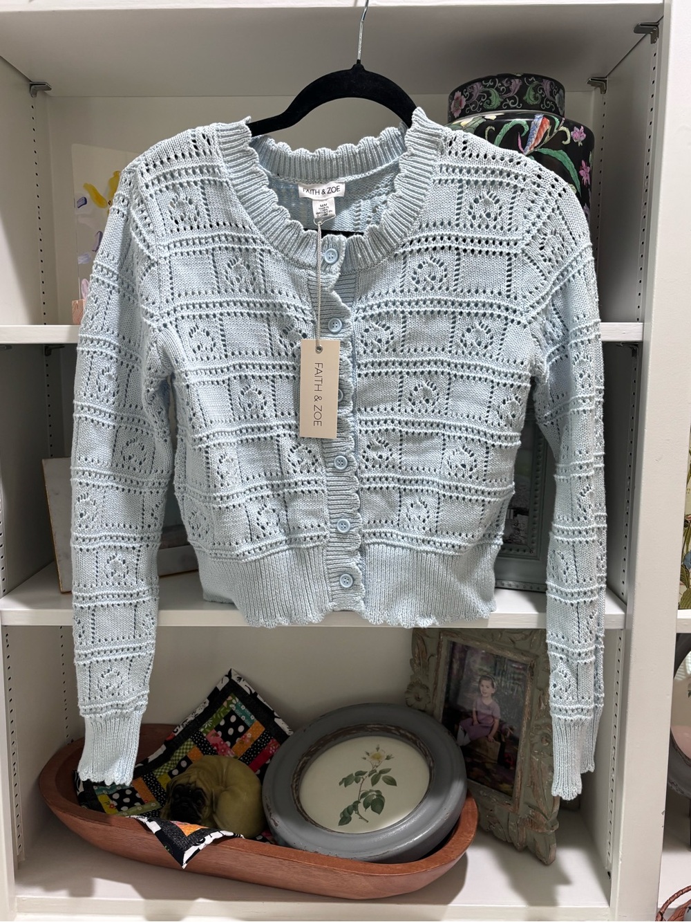 Faith & Zoe Pale Blue Openwork Button Cardigan NWT M